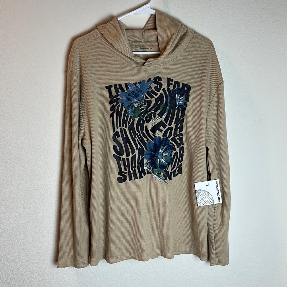 NWT 4th dimension waffle knit hoody | medium | beige, tan with floral graphic